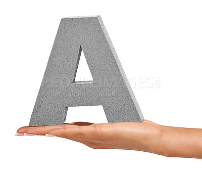 Buy stock photo Woman hand, studio and alphabet or capital letter A for learning, advertising or font. A person show sign, character or text for communication, typo and grammar in palm isolated on a white background