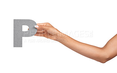 Buy stock photo Hands, alphabet and capital letter P in studio isolated on a white background. Fingers, font and closeup of sign for typography, communication or learning language, character or show uppercase icon