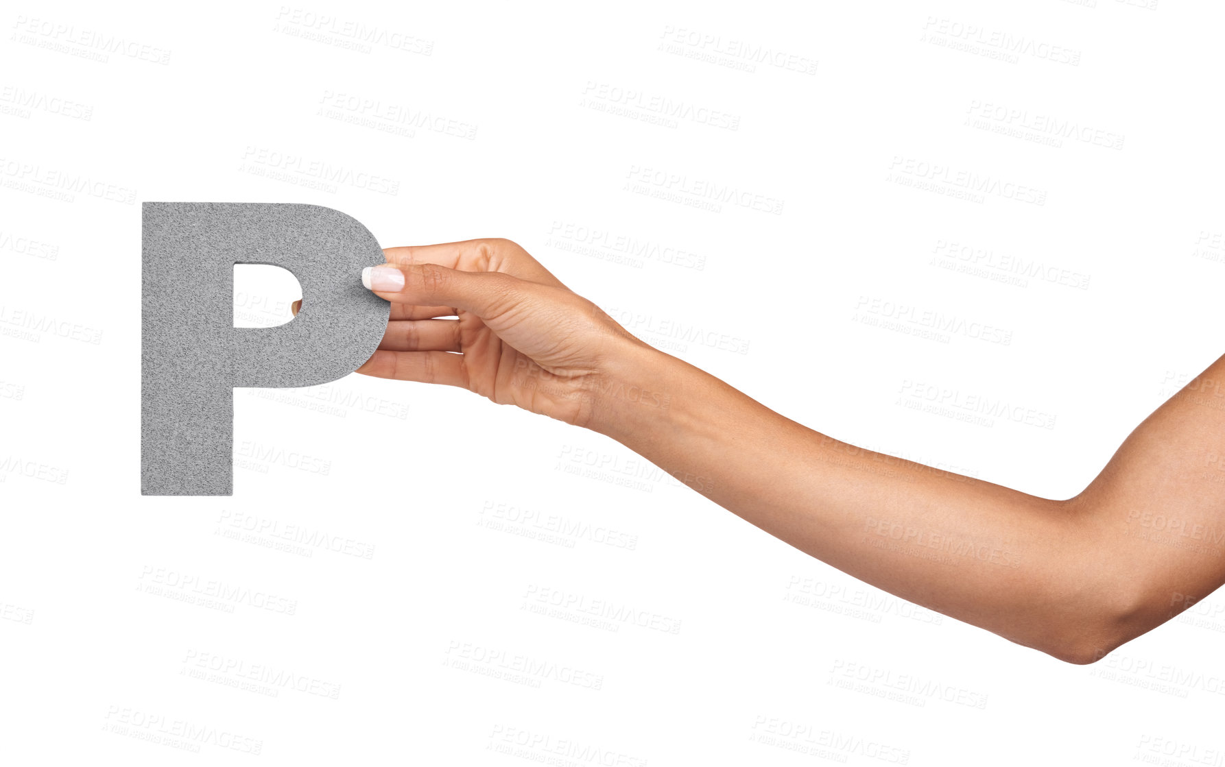 Buy stock photo Hands, alphabet and capital letter P in studio isolated on a white background. Fingers, font and closeup of sign for typography, communication or learning language, character or show uppercase icon