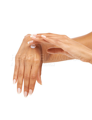 Buy stock photo Woman, hands or cream in studio with skincare for cosmetics, manicure or nail treatment for wellness. Person, fingers or mock up space for cosmetology, moisturiser and smooth skin on white background