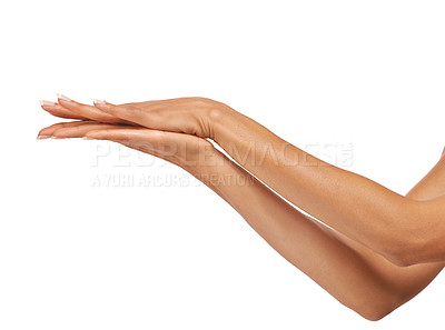 Buy stock photo Woman, hand and wrist in studio with skincare for cosmetics, manicure or nail treatment for wellness. Person, fingers or mock up space for cosmetology, moisturiser and smooth skin on white background