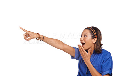 Buy stock photo Studio woman, surprise and pointing gesture at sales deal promotion, commercial or advertising news. Mockup space, announcement and shocked person react to wow notification offer on white background