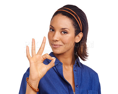 Buy stock photo White background, portrait or black woman with perfect hand sign for support, agreement or feedback. Good review, face or person in studio with opinion or okay gesture for approval, like or yes icon