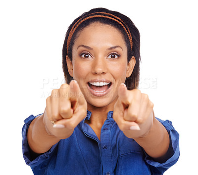 Buy stock photo Studio portrait, excited and woman pointing at you, choice or happiness for promotion winner, selection or decide volunteer. Wow facial expression, encouragement and model face on white background