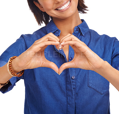 Buy stock photo Smile, heart shape or hands of happy woman with love for care, health or valentines day in studio. Wellness, white background or African lady with gesture or thank you sign for hope, support or peace