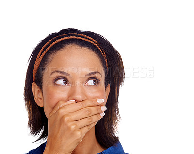 Buy stock photo Face, mouth cover and woman thinking, shocked or looking at sales deal promo, fake news or surprise info. Wow, omg announcement and person react to drama, studio offer or gossip on white background