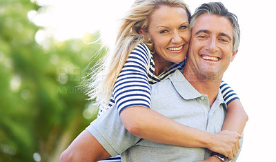 Buy stock photo Mature, couple and happy portrait or hugging, nature and weekend break in summer with love. Romance, trust and support for bonding together in outdoor park, smile and man or woman for relationship