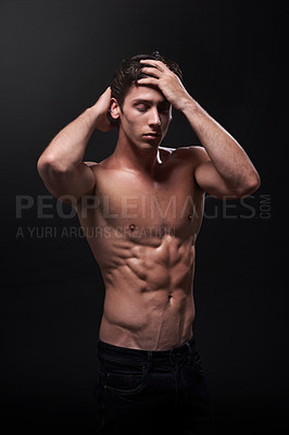 Buy stock photo Sexy, skin and man in studio for exercise with fitness goals, confidence and progress results for training abs. Guy, athlete or bodybuilder and torso with muscle and strong body by black background