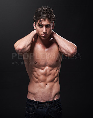 Buy stock photo Portrait, body and strong man in studio for fitness, workout and exercise or wellness. Bodybuilder, athlete and progress by black background for performance, training and challenge with confidence