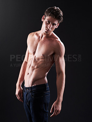 Buy stock photo Body, portrait and strong man in studio with jeans for fitness, workout and wellness. Bodybuilder, male athlete and progress by black background for performance, training and confidence for exercise 