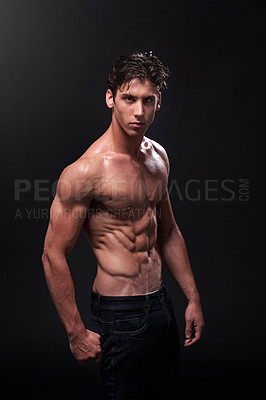 Buy stock photo Sexy, body and studio portrait of man for workout with fitness goals, skin and progress results for muscle training. Topless guy, bodybuilder and strong abdomen for gym aesthetic by black background