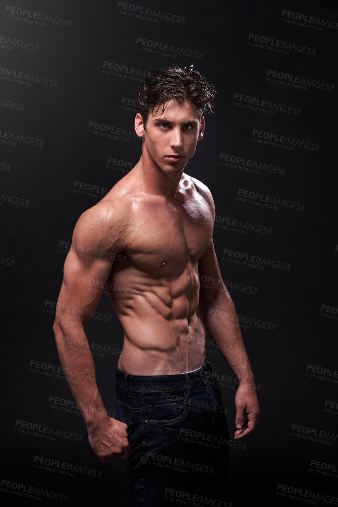 Buy stock photo Sexy, body and studio portrait of man for workout with fitness goals, skin and progress results for muscle training. Topless guy, bodybuilder and strong abdomen for gym aesthetic by black background