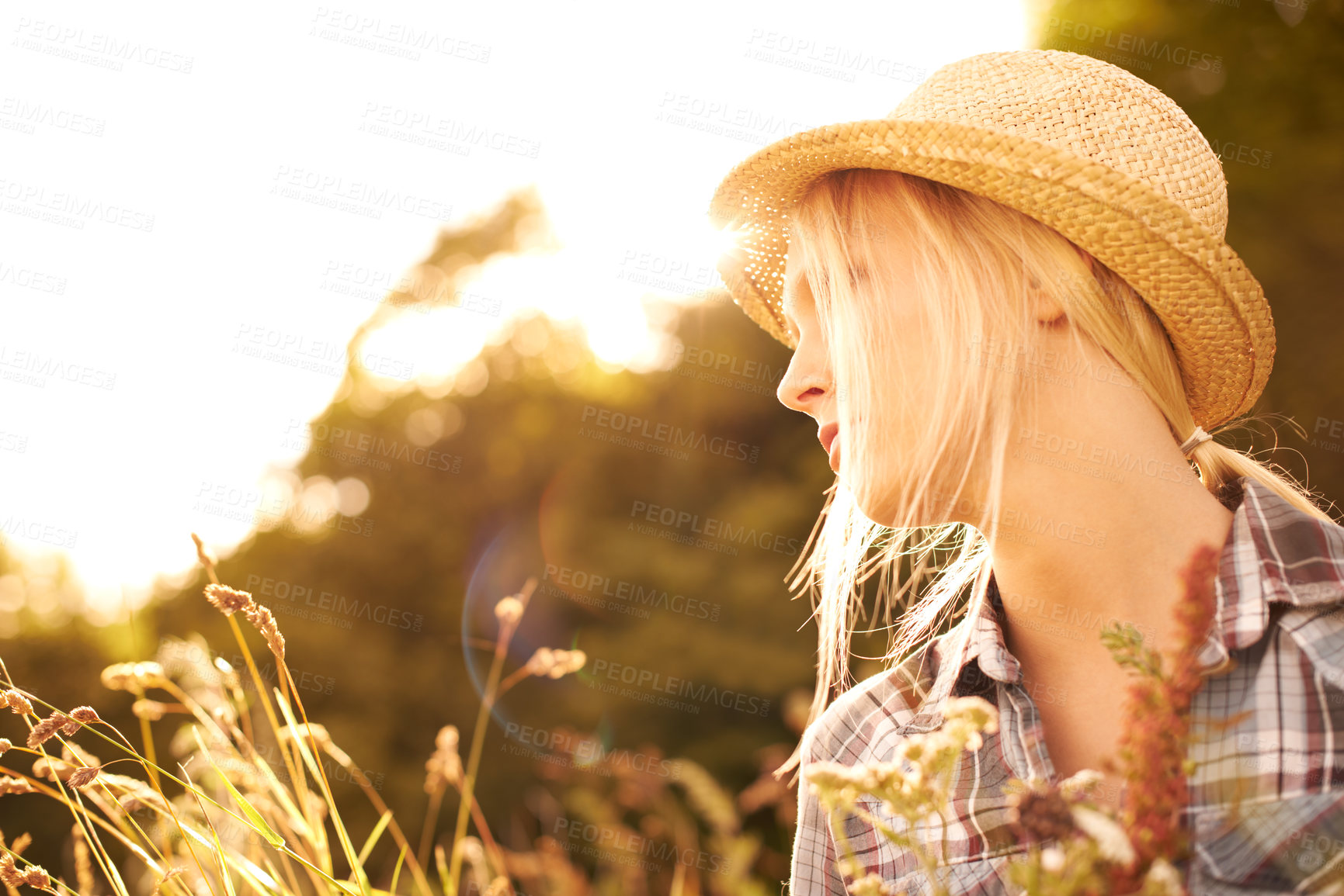 Buy stock photo Thinking, countryside and woman in field with sunrise for freedom, wellness and fresh air outdoors. Nature, summer and hipster female person in natural meadow for sustainability and ecology