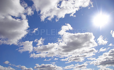 Buy stock photo Nature, clouds and blue sky with sun for sunrise, travel and summer, vacation and adventure. Bright, lens flare and morning with fresh air, hope and journey, peace and location beauty with freedom