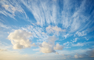 Buy stock photo Nature, blue sky and clouds with sunrise as wallpaper for natural beauty, atmosphere and weather. Background, sunshine and scenic view in air for environment, heaven and cloudscape in morning