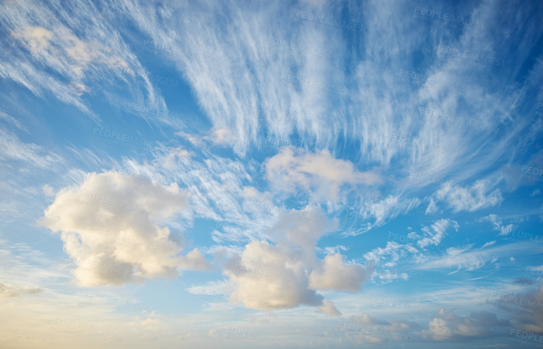 Buy stock photo Nature, blue sky and clouds with sunrise as wallpaper for natural beauty, atmosphere and weather. Background, sunshine and scenic view in air for environment, heaven and cloudscape in morning