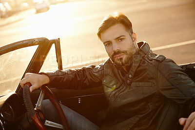 Buy stock photo Serious, car and portrait of man on road trip for vacation, getaway or holiday at sunset. Outdoor, adventure and male person driving vehicle in evening for self discovery on weekend journey or travel