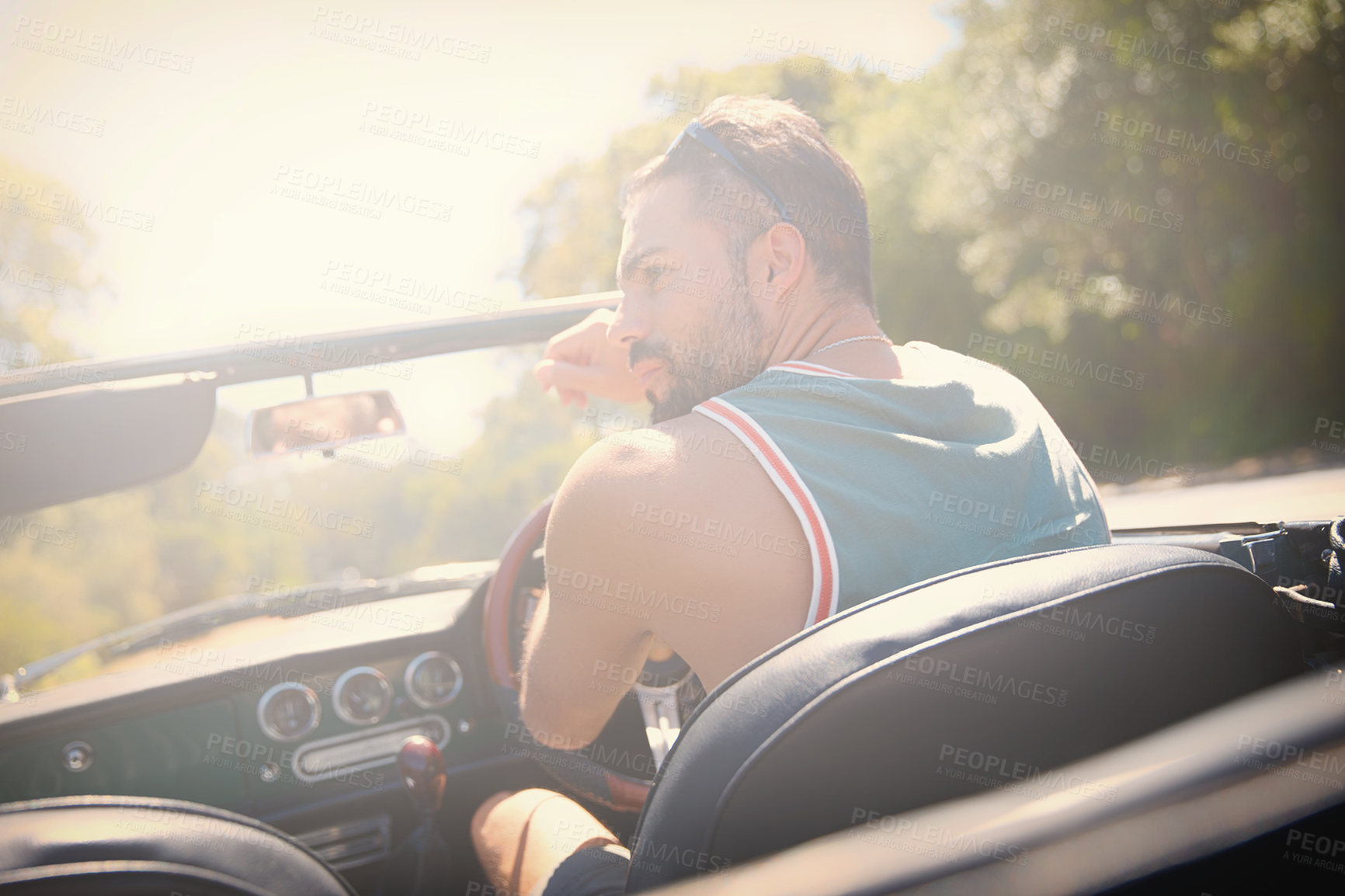 Buy stock photo Back, driving and road trip with man in car for holiday, travel or vacation to explore Europe. Break, thinking and transportation with person in vehicle for adventure, journey or weekend getaway
