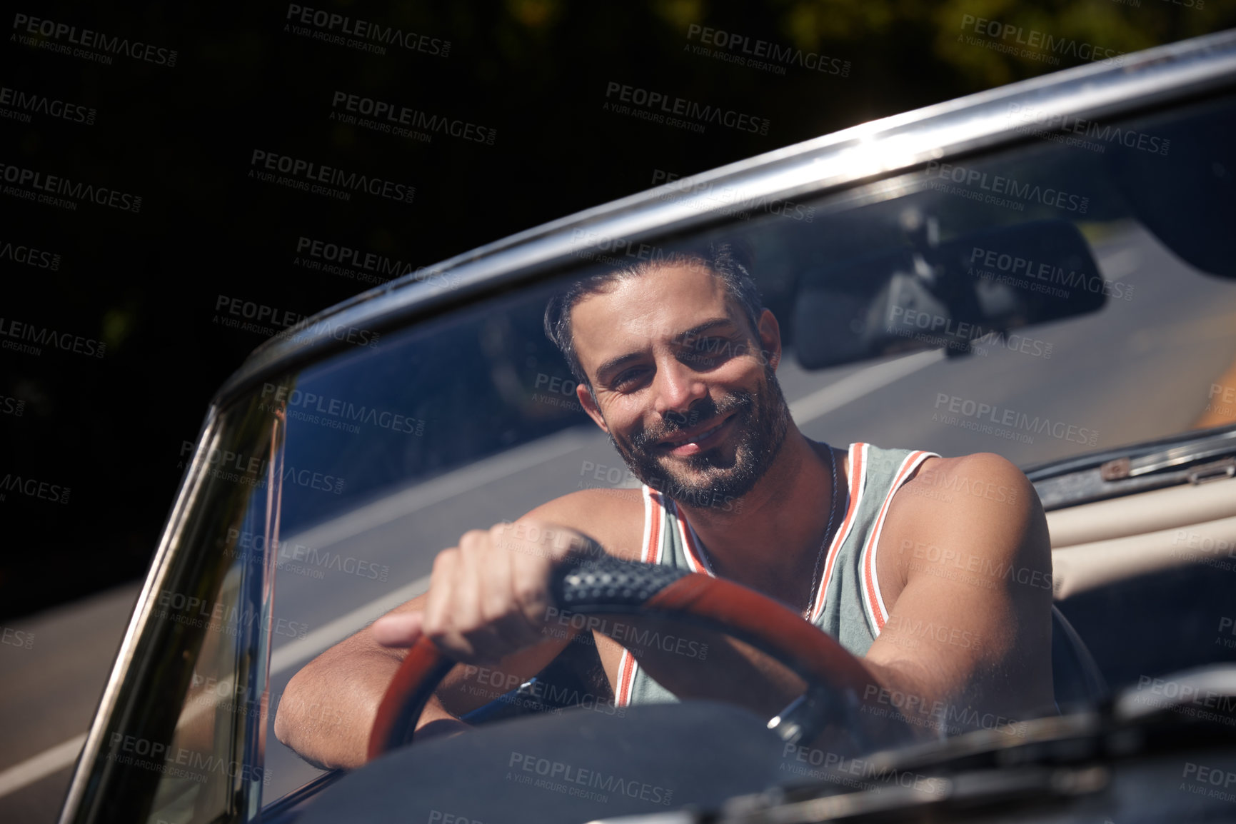 Buy stock photo Happy, car and portrait of man on road trip in convertible for vacation, getaway or holiday with fun. Outdoor, adventure and person drive vehicle in summer for discovery on weekend journey or travel.