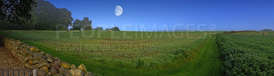 Buy stock photo Blue sky, full moon and field with rural landscape for agriculture, farming and sustainability. Grass, meadow and environment for countryside village with lunar satellite, trees and nature in Ireland