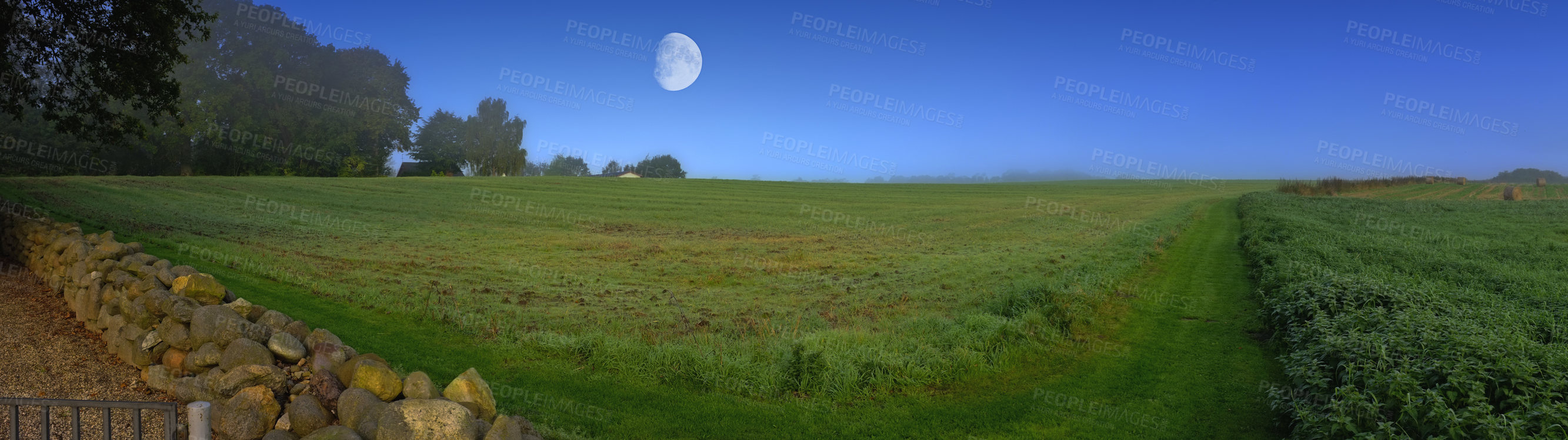 Buy stock photo Blue sky, full moon and field with rural landscape for agriculture, farming and sustainability. Grass, meadow and environment for countryside village with lunar satellite, trees and nature in Ireland