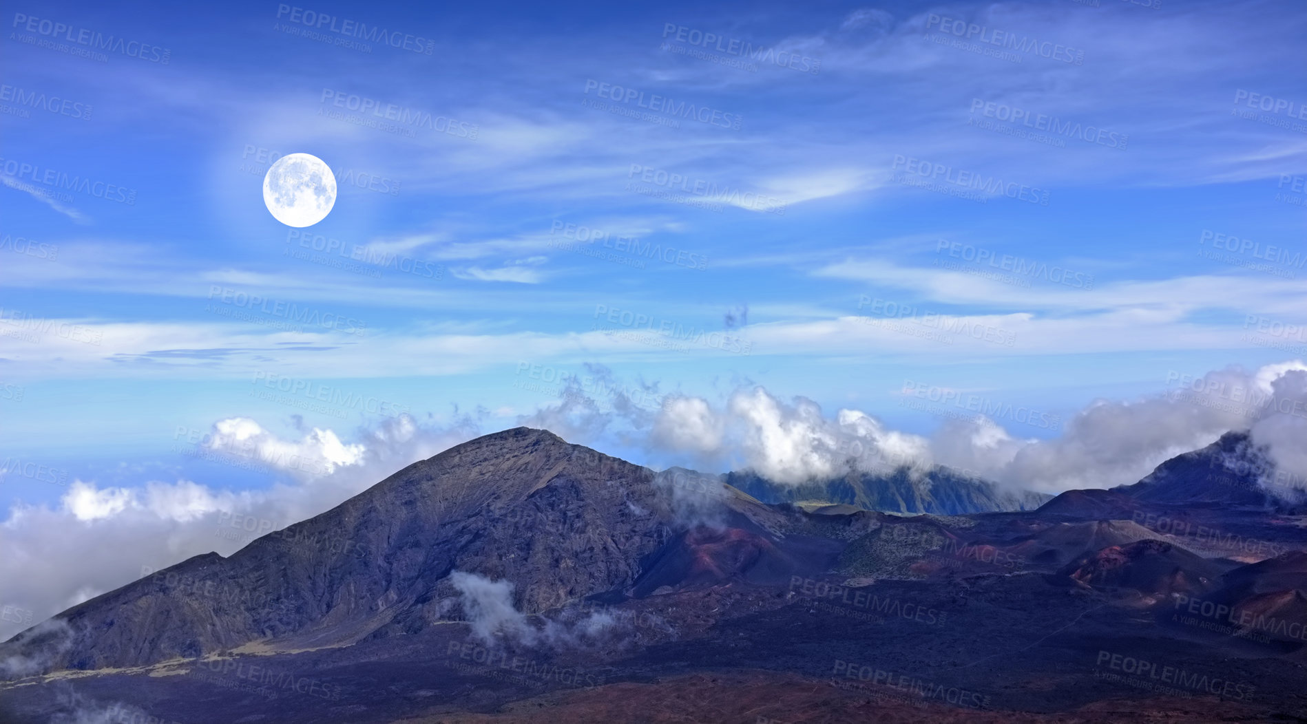 Buy stock photo A photo of the moon over mountains - Maui, Hawaii