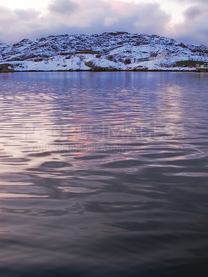 Buy stock photo Landscape, lake and nature in winter in countryside for eco friendly environment by clear water. Earth, mountain and pond by snow, aesthetic or tranquil mountainside for travel, peace and spring