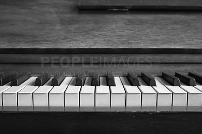 Buy stock photo Keys, music and piano closeup to compose audio, classical melody or sound in black and white. Antique, retro or vintage with percussion instrument for creative, entertainment and performing arts