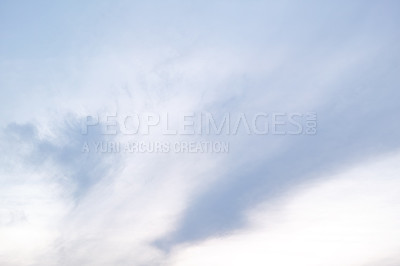 Buy stock photo Sky, clouds and blue with weather in nature for hope, environmental and organic. Sun rays, eco friendly and peace with calm as wallpaper in atmosphere for climate, forecast and overcast in daylight