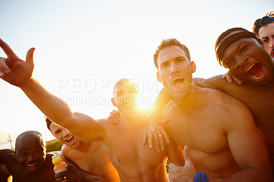 Buy stock photo Cropped portrait of a group of macho male friends shouting in excitement in the outdoors