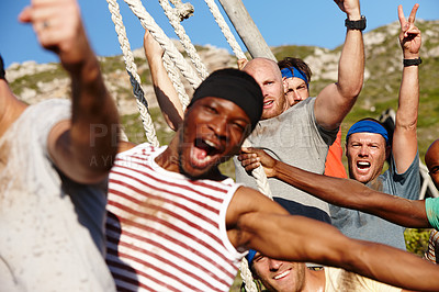 Buy stock photo Cropped shot of a group of men enjoying a military bootcamp