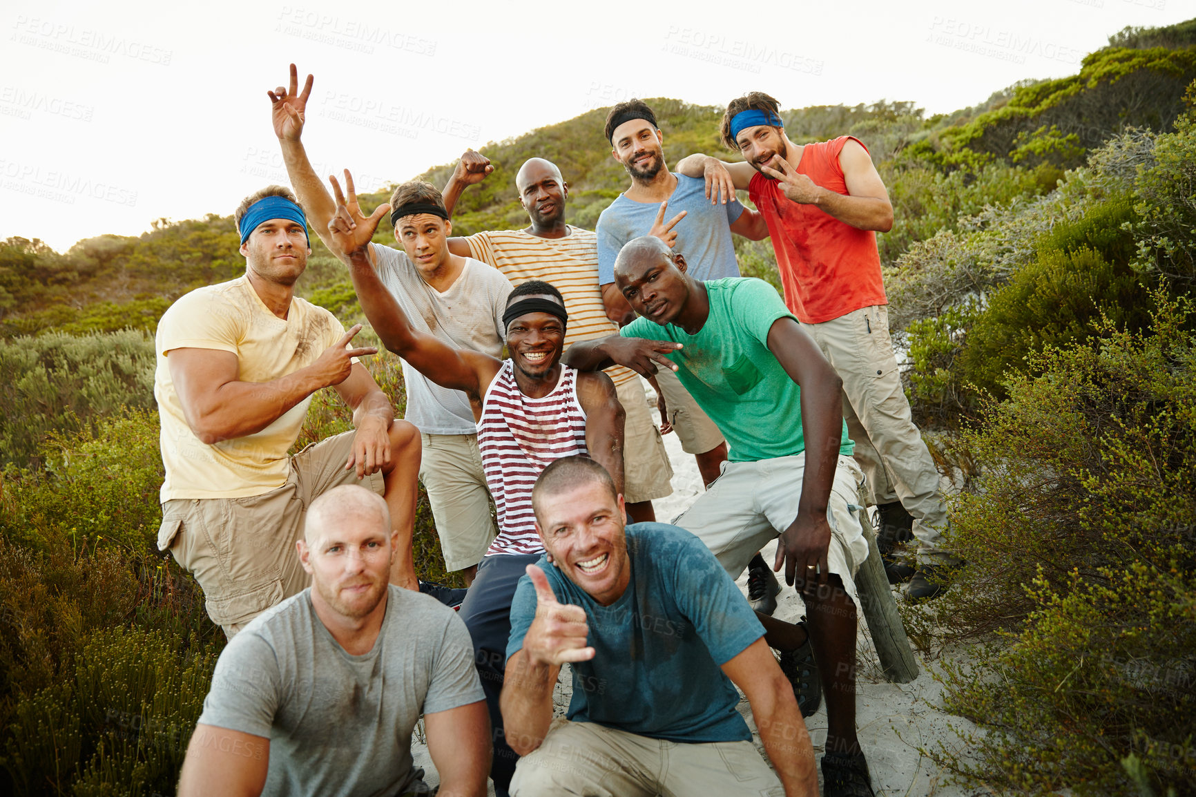 Buy stock photo Portrait of a group of sporty male friends who survived bootcamp