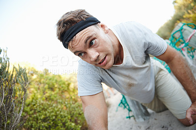 Buy stock photo Shot of a man going through an obstacle at bootcamp