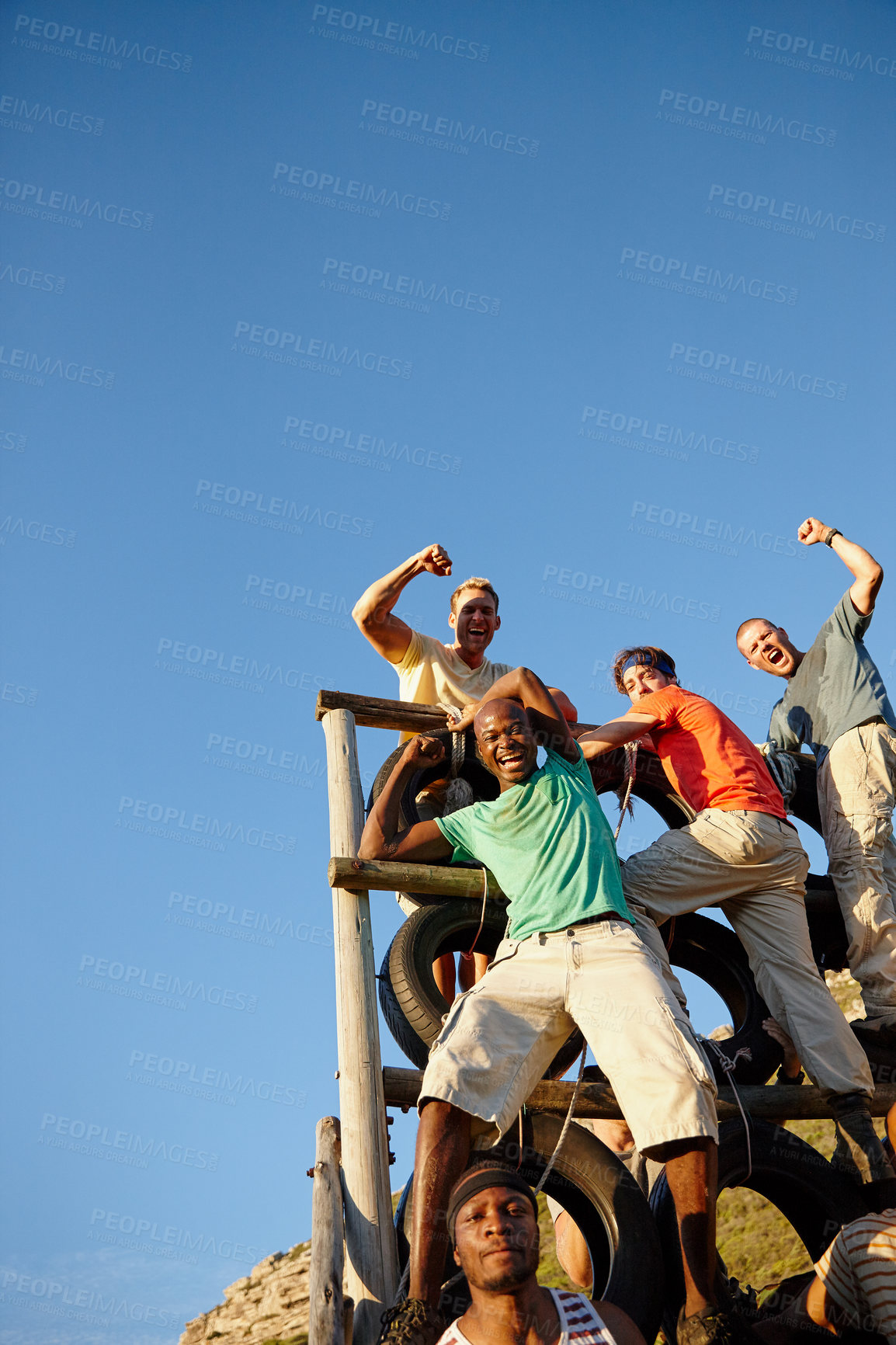 Buy stock photo Portrait of a group of men happy to have survived bootcamp