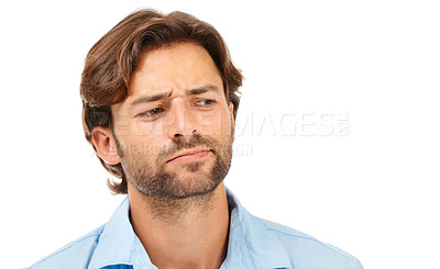 Buy stock photo Man, face or thinking on mockup studio background on startup business ideas, innovation vision or strategy planning. Head, model or worker with questions for finance investment or tax insurance deal