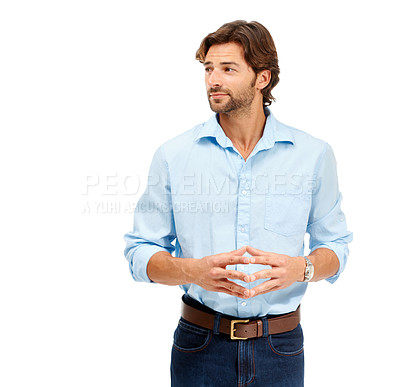 Buy stock photo Business, man and thinking with hands together, focus and guy isolated on white studio background. Male entrepreneur, leader and employee with ideas, decisions and manager with corporate deal success