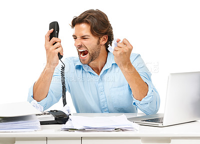 Buy stock photo Telephone call, scream and businessman angry over bad tech support, poor customer service or communication problem. Administration anger, accounting paperwork or studio accountant on white background