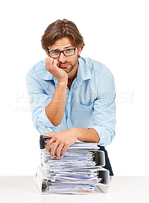 Buy stock photo Burnout, stress and businessman with stack of paperwork on desk for deadline, corporate project and report. Ideas, vision and tired employee thinking with pile of files, review papers and documents
