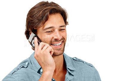 Buy stock photo Phone call, smile and face of businessman on a white background for talking, discussion and communication. Work in studio, b2b networking and entrepreneur in conversation, business deal and planning