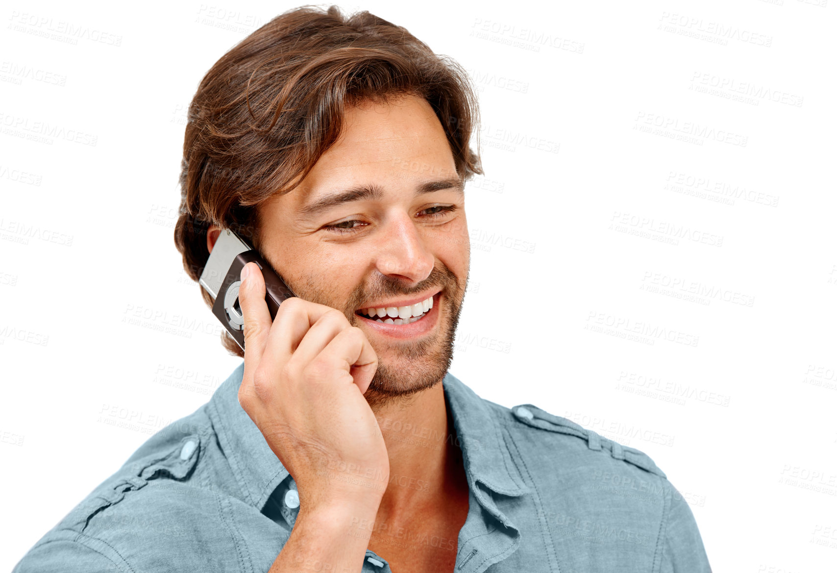 Buy stock photo Phone call, smile and face of businessman on a white background for talking, discussion and communication. Work in studio, b2b networking and entrepreneur in conversation, business deal and planning