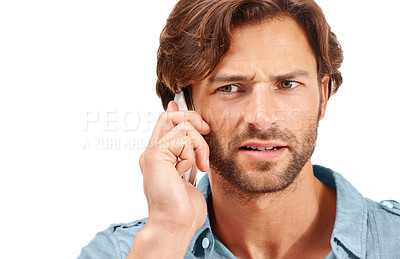 Buy stock photo Scam phone call, confused and businessman on a white background for talking, discussion and communication. Corporate spam, networking and entrepreneur with stress, issue and problem on mobile phone