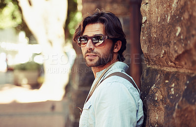 Buy stock photo Tourist, sunglasses or man in Italy on holiday, vacation or weekend trip for a adventure in park. Relax, travel or male person with fashion, cool style or freedom sightseeing in urban town on journey