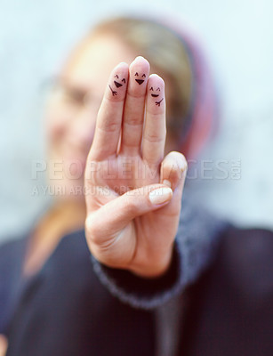 Buy stock photo Fingers, smiley and happy drawing on hand, woman and symbol or emoji, sign and icon or fun art. Emoticon, expression and artistic or cool, creative and craft for aesthetic, hope and joy in tattoo