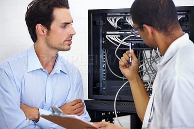 Buy stock photo Server room, it support and cable with an engineer chatting to a business man about network management. Maintenance, database and clipboard with a technician chatting about information technology