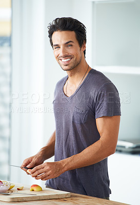 Buy stock photo Man, portrait and fruit cutting as morning breakfast or diet nutrition, wellness health or vitamin fiber. Male person, apple preparation and vegan meal as weight loss detox, yogurt on kitchen counter