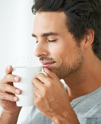 Buy stock photo Man, coffee and smell for morning happy or breakfast beverage, calm chill on lazy weekend. Male person, mug and caffeine latte cup for peace cappuccino aroma in home, quiet espresso time for comfort