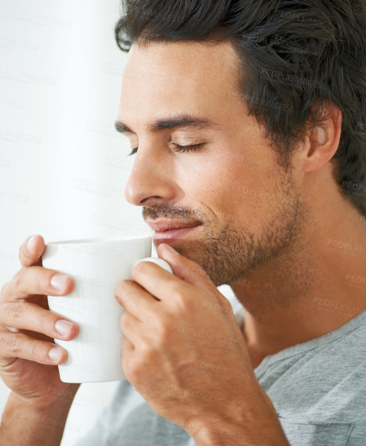 Buy stock photo Man, coffee and smell for morning happy or breakfast beverage, calm chill on lazy weekend. Male person, mug and caffeine latte cup for peace cappuccino aroma in home, quiet espresso time for comfort