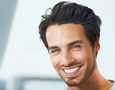 Buy stock photo Smile, portrait and happy man at home with positive attitude, energy or mindset. Joy, face or handsome male person in a house with good mood, confidence or chilling on day off,  weekend or vacation