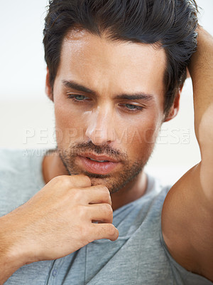 Buy stock photo Thinking, depression and man with stress, regret mistake and anxiety in home. Serious, frustrated and sad person with financial crisis, challenge and remember decision, fail and mental health trauma