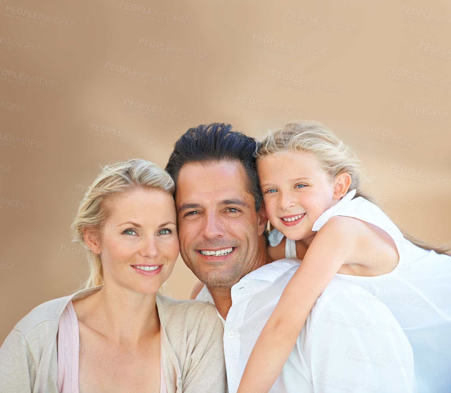Buy stock photo Family, portrait and happy on mock up with relax, peace and love for bonding and relationship in Thailand. Parents, girl child and face with smile on brown background with care, break and enjoyment